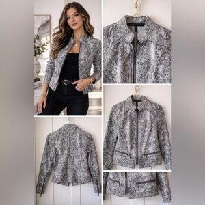 White House Black Market Snakeskin Moto Jacket Gray Zip Front 4P Petite
